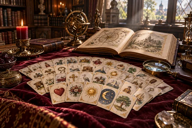 Baralho ilustrado em leque sobre mesa de biblioteca, com livro e lupa.