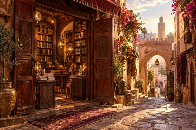 Livraria aberta em rua de arquitetura marroquina imaginada.
