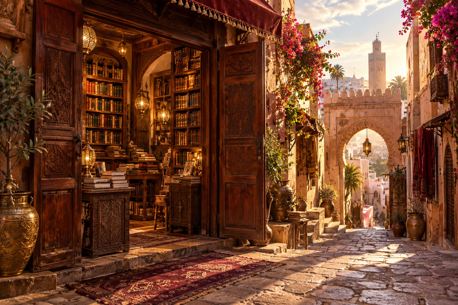 Livraria aberta em rua de arquitetura marroquina imaginada.