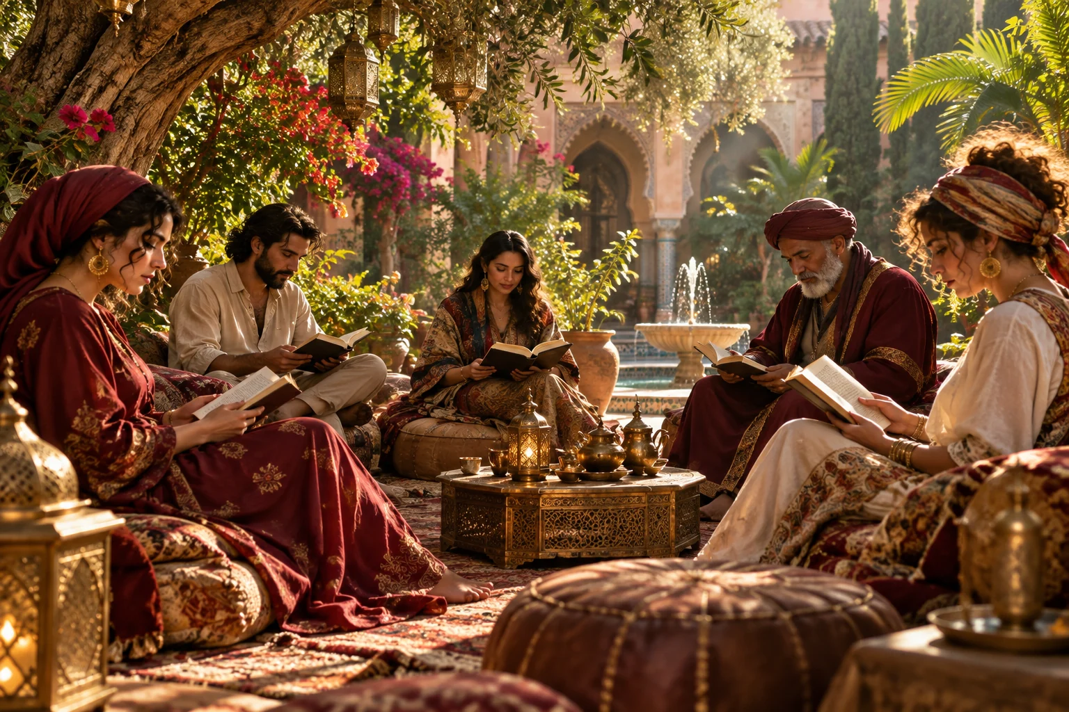 Grupo fictício lê livros à sombra em um jardim marroquino.