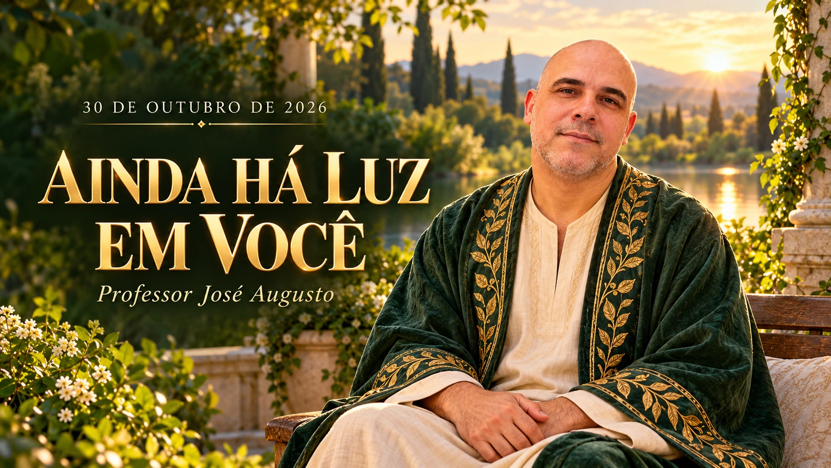 Professor José Augusto sentado em um jardim tranquilo, com túnica clara e manto verde. Título: Ainda há luz em você. Data: 30 de outubro de 2026.